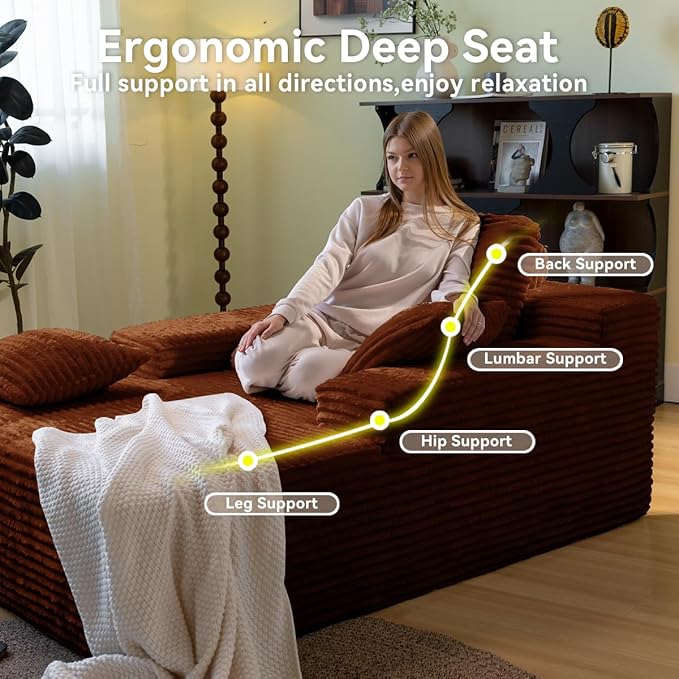 67" Oversized Chaise Lounge Chair Indoor, Cloud Couches for Living Room, Corduroy Sleeper Sofa Bed, No Assembly Required, Deep Seat Lounge Chair with Pillows Orange-Brown