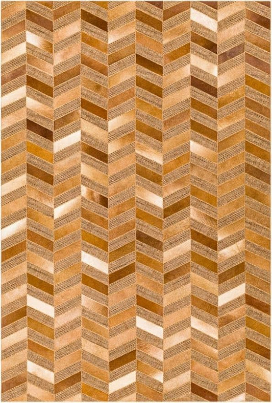 Geometric Pattern Area Rug, Leather and Wool Blend Carpet, Beige and White (Natural Multi Brown-114, 4x6)