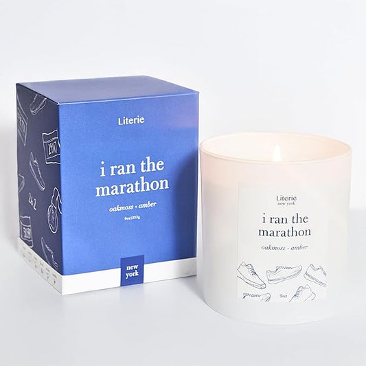 Literie NYC Inspired Scented Candle: I Ran The Marathon - Oakmoss & Amber Scent, 9oz, 50 Hour Burn, Vegan Soy & Coconut Blend Candle for Home Decor, Gift for Women & Men