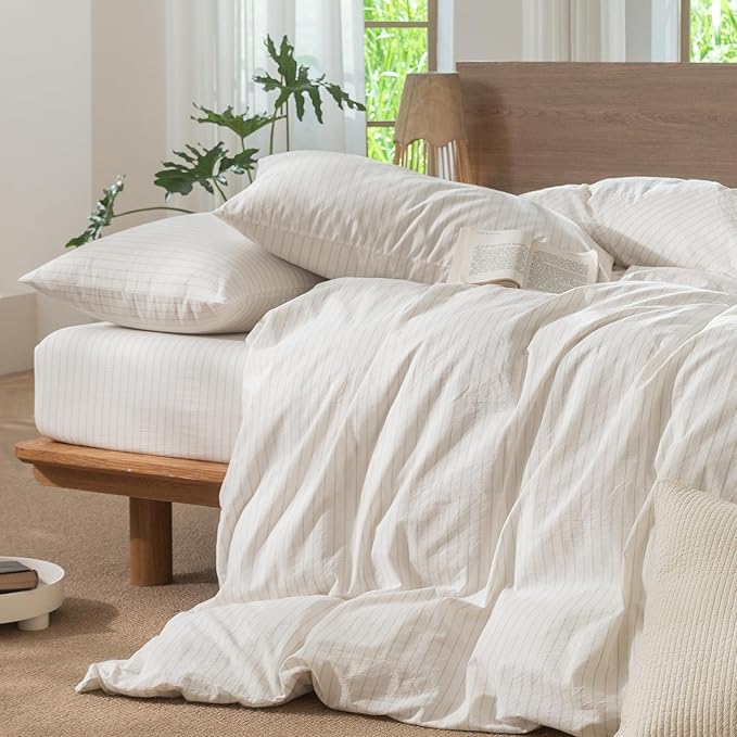 MooMee Striped Duvet Cover Set 100% Washed Cotton Linen Like Textured Breathable Durable Soft Comfy (White Almond Milk Grey Wide Stripes, Super King 108"x98")