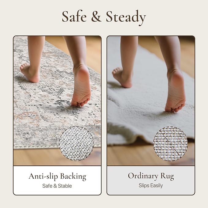 GENIMO Runner Rug 3x8, Non Slip Vintage Hallway Runner Rugs, Low Pile Lightweight Machine Washable Mat for Hallway, Entryway, Bedroom, Kitchen and Corridor, Light Taupe Brown