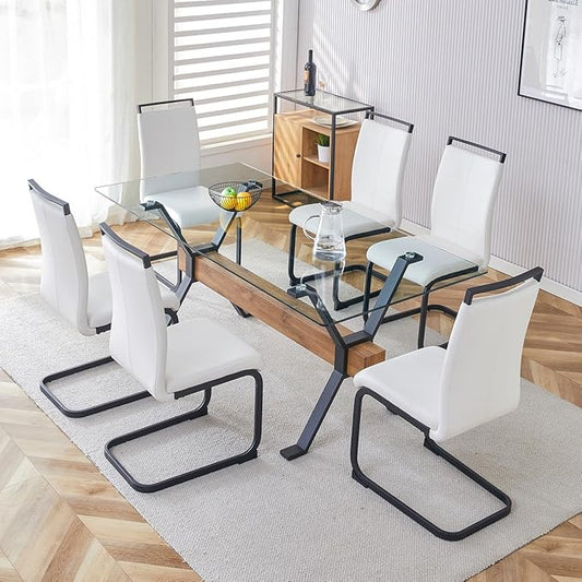 7 Piece Glass Dining Table Set, Kitchen Table Chairs Set for 6, 71'' Dining Table with 0.4" Tempered Glass Tabletop with Plated Metal Legs and MDF Crossbar, 6 PU Chairs for Dining Room, Kitchen.
