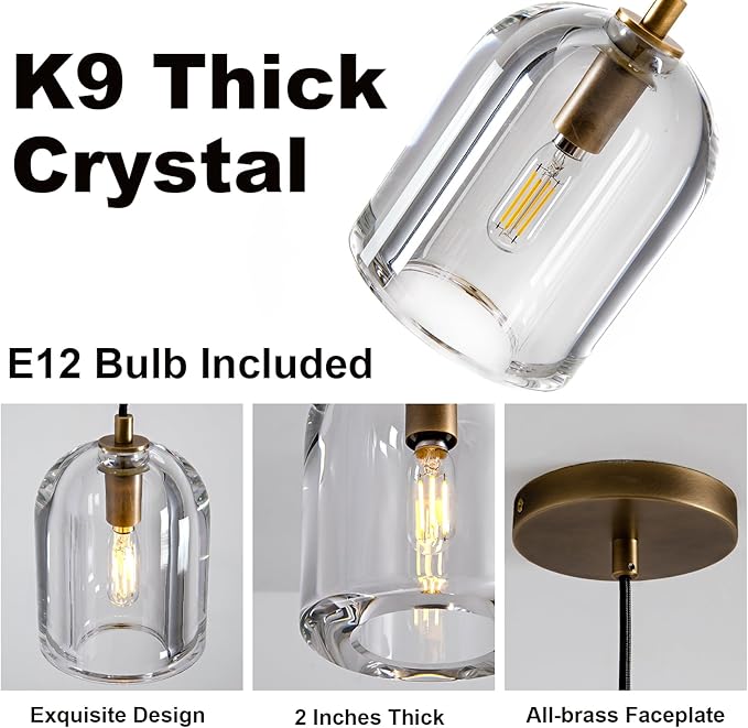 Brass Pendant Light Fixtures, Crystal Modern Pendant Lights, Indoor Pendant Light for Kitchen Island Dining Room Living Room Bedroom Bathroom, E12 Bulb Included