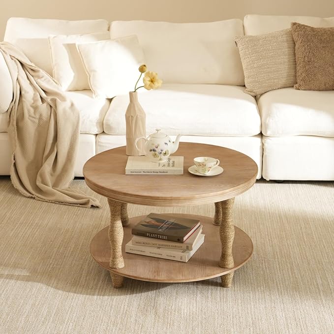 Round Coffee Table,2-Tier Coffee Table Storage,Rope-Wrapped Wood Legs,Rustic Farmhouse Accent Table for Living Room,Natural Wood Finish,Honey Brown,31.9"x15"