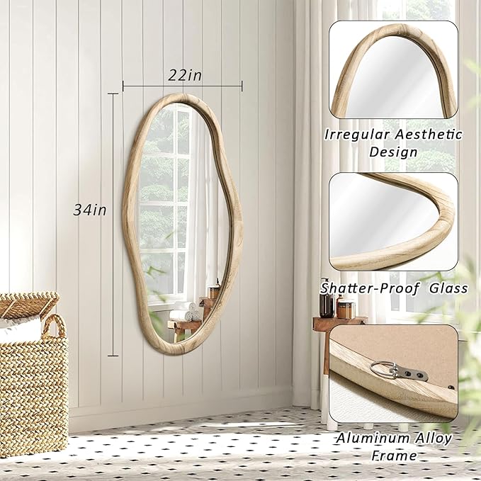 JJUUYOU Irregular Wood Mirror Asymmetrical Bathroom Wall Mounted Mirror 34"x22" Large Horizontal or Vertical Hanging Wall Mirrors for Makeup Bedroom Living Room Wood