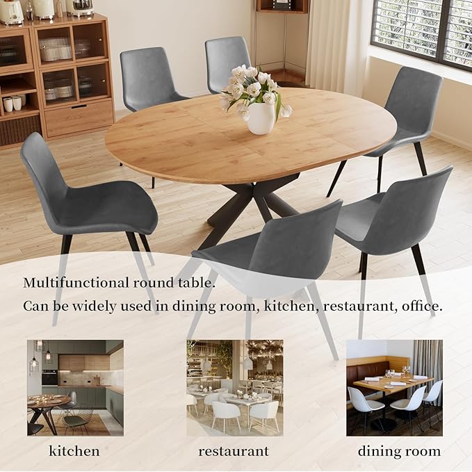 43.2"-59.1" Extendable Round Dining Table for 4-6 Person, Modern Wooden MDF Round Kitchen Table, Oak Coffee Table w/ 4 PU Leather Chairs