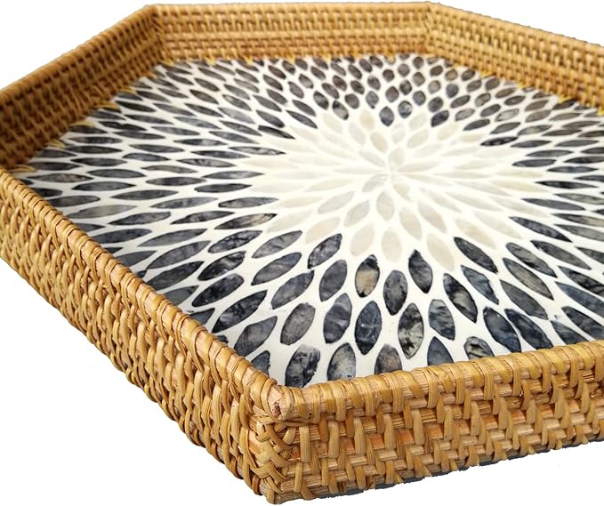 i-LAN 17”Extra Large Hexagonal Rattan and MOP Woven Basket Tray, Boho Wicker Coffee Table Serving Basket Décor with 2 Inch Wall, Handmade Hexangular Display Basket for Countertop