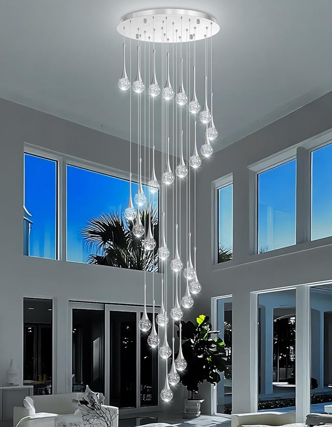 30 Light Modern Glam Crystal Chandelier for High Ceiling LED Dimmable Ceiling Pendant Light Staircase Foyer Enterway Living Room Chandelier Lighting Antique Silver