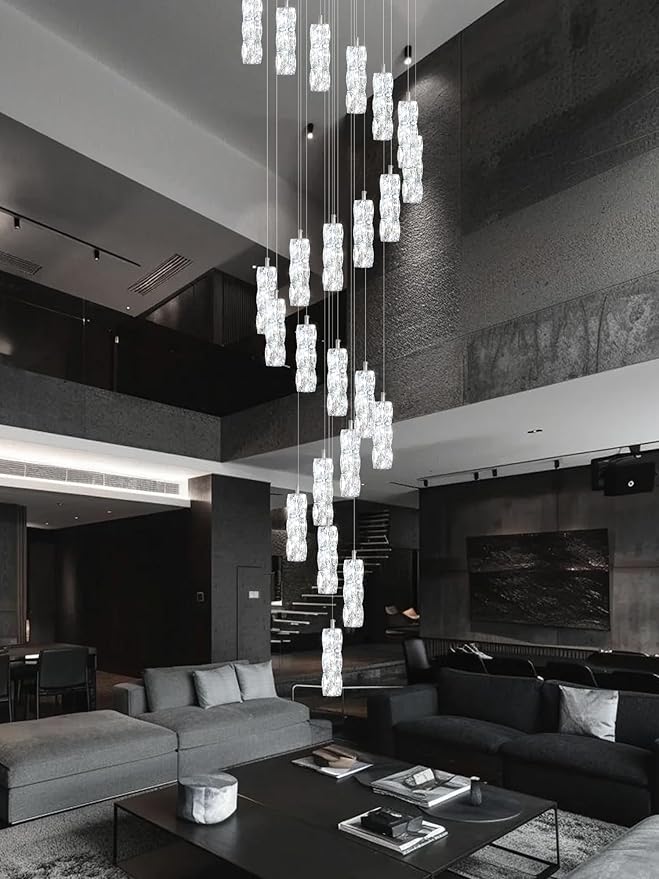 H150in High Ceiling Chandelier for Foyer Entrance 24-Light Crystal Silver Chandelier Light Fixture Large Ceiling Light for Living Room Staircase Hallway Dining Room