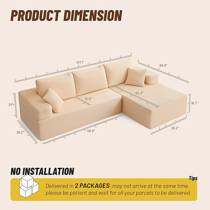 107" Boneless Couch with Deep Seat, Modular Sectional Sofa, Cloud Sectional Couch for Living Room, No Assembly Required, Corduroy, L-Shape Right，Camel