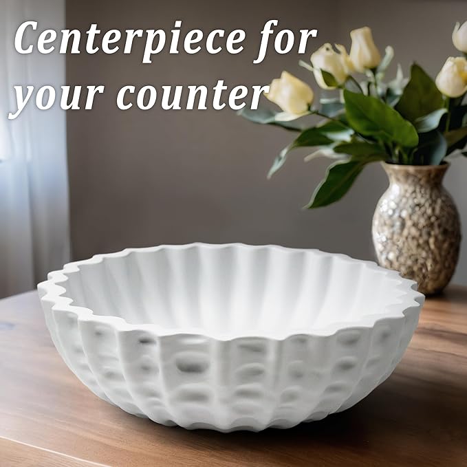 Modern Decorative Bowl, Sculptural Resin Display Bowl for Home Decor, Large Centerpiece for Kitchen Counter or Entry Table, Key Bowl or Fruit Bowl, White