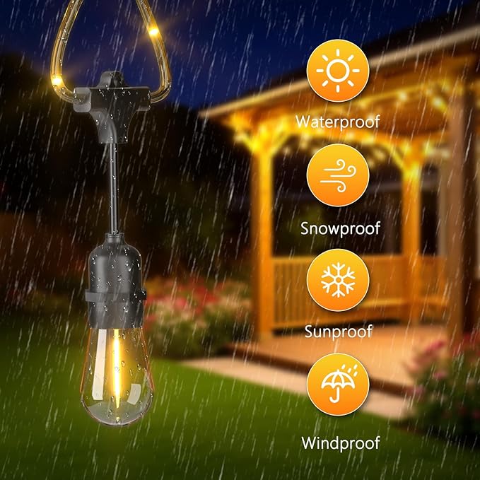 Outdoor String Lights with Lighted Tubing, 48 ft Outside String Lights with 16 (15+1spare) S14 Retro Bulbs & 144-LED Lighted Fairy Tubing, IP65 Waterproof &Connectable LED Light for Patio Bistro