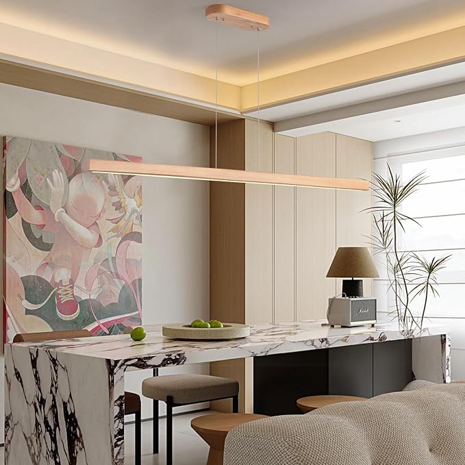 55" Wood Linear Pendant Modern Kitchen Island Light Fixture with Remote Solid Wooden Hanging Ceiling Light Chandeliers for Dining Room Kitchen Pendant Lighting Over Island Natural