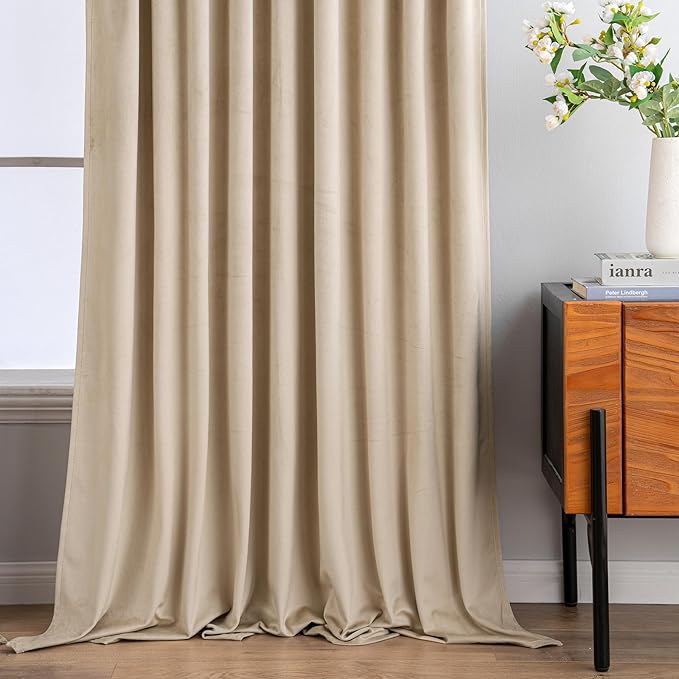 MIULEE Velvet Curtains 108 Inches Long 2 Panels - Pinch Pleated Luxury Room Darkening Curtains for Bedroom Living Room Thermal Insulated Super Soft Window Drapes Rod Pocket, Camel Beige