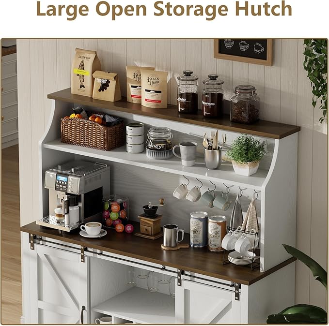 55 Inch Farmhouse Coffee Bar Cabinet with 3-Tier Storage, Kitchen Hutch with 12 Wine Racks & 3 Glass Holders, Coffee Bar with 6 Hooks, Wine Bar Cabinet for Dining Living Room, White