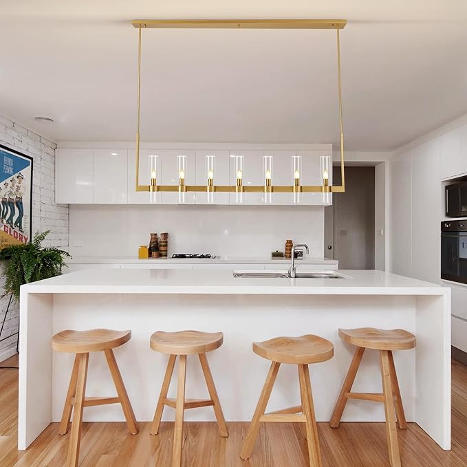 Modern Gold Linear Chandelier 59 in,Chandeliers for Dining Room 7 Light, Kitchen Island Lighting Fixture, Adjustable Chandelier over Dining Table, Gold Glass Chandelier Light Fixture, Includes Bulbs