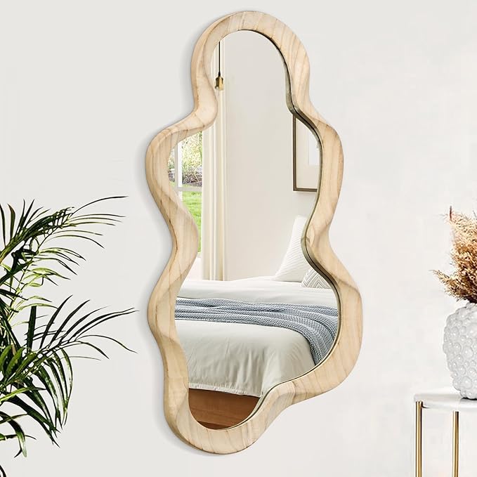 Asymmetrical Mirror for Wall Decor Large Modern Wooden Framed Wall Mirror Unique Shape Wall Mounted Vanity Artistic Wavy Mirror Decorative for Living Room Bedroom Bathroom Entryway Natural