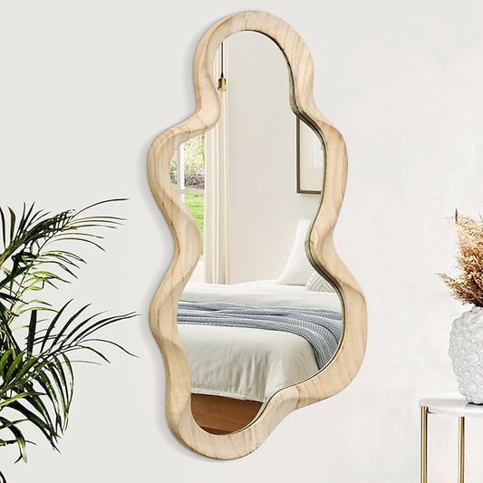 Asymmetrical Mirror for Wall Decor Large Modern Wooden Framed Wall Mirror Unique Shape Wall Mounted Vanity Artistic Wavy Mirror Decorative for Living Room Bedroom Bathroom Entryway Natural
