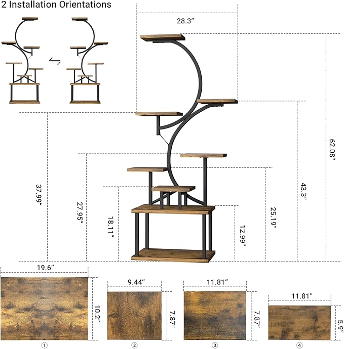 62.1" Tall Plant Stand Indoor with Grow Lights, 8 Tiered Metal Corner Plant Shelf Display Rack for Indoor Plants, S-Shaped Decorative Rack Large Flower Holder Stand for Living room, Patio, Bedroom