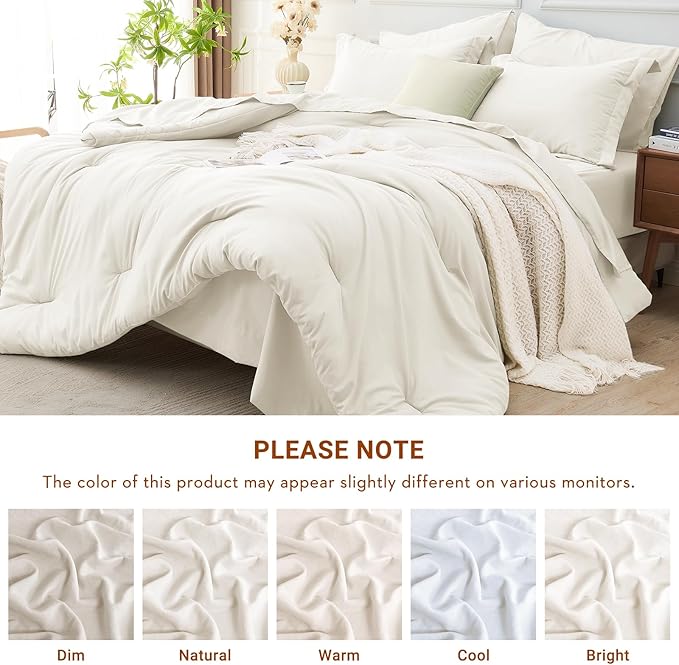 MUXHOMO 7 Pieces King Comforter Set, Soft Bed in a Bag King Size, All Season Bedding Set with Comforter, Flat Sheet, Fitted Sheet, Pillowcases & Shams, Ivory