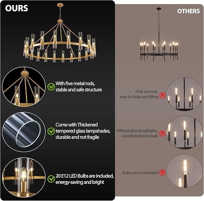 Gold Wagon Wheel Chandelier, 60 Inch Glass Chandeliers, 20 Light Chandelier for High Ceiling, Modern Farmhouse Chandeliers for Living Room, Dining Room, Entryway, Stairwell(Bulbs Included)