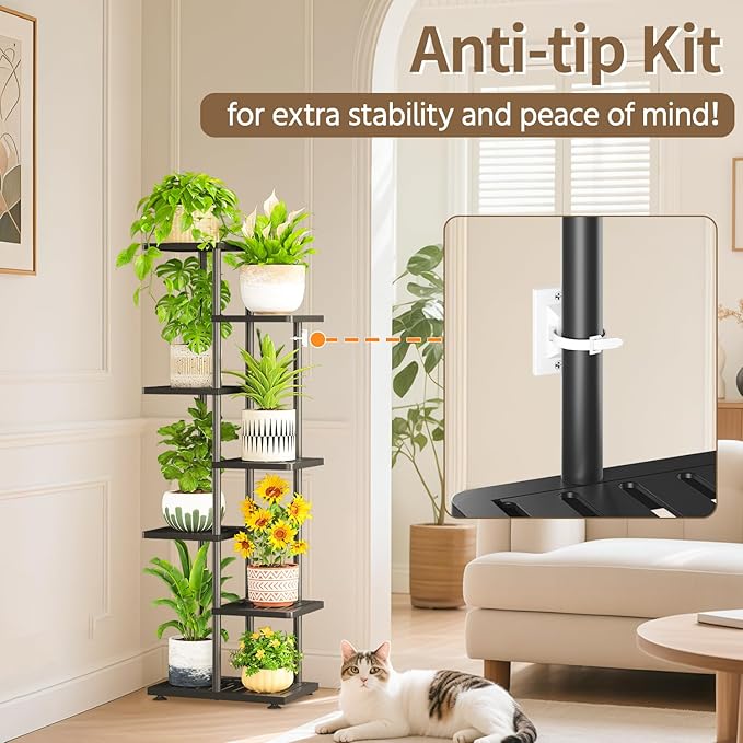 LASZOLA 6 Tier Plant Stand Indoors Outdoors for Large Heavy Duty Planter, Black Metal Tall Flower Holder Rack with Multiple Shelf for Modern Patio Corner, Vertical Organizer, Weather Resistant Bracket