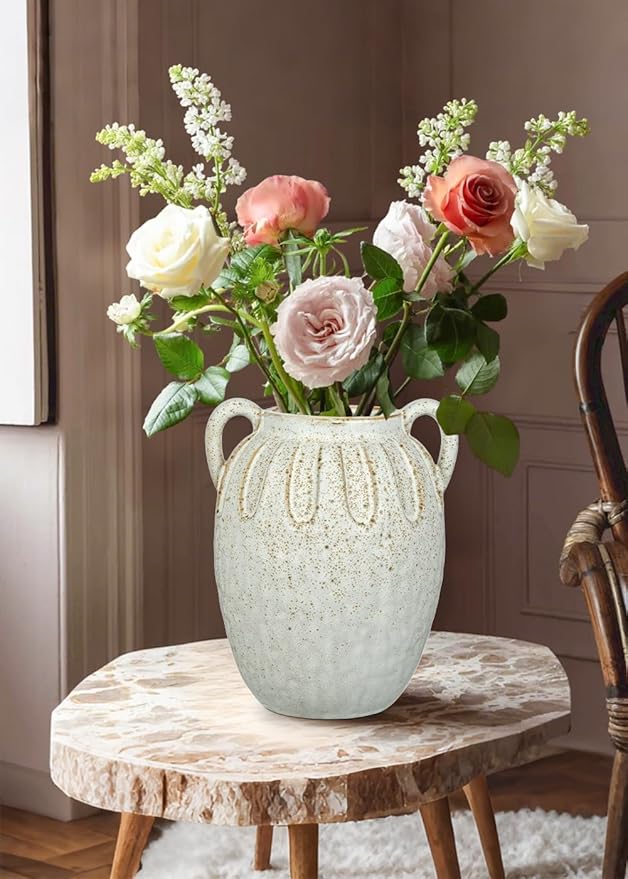 Ceramic Vase with 2 Handles,7.8 Inch Rustic Farmhouse Boho Vase for Home Decor, Petal-Like Pluting Vintage Vase for Flower, Centerpiece Table Decoration