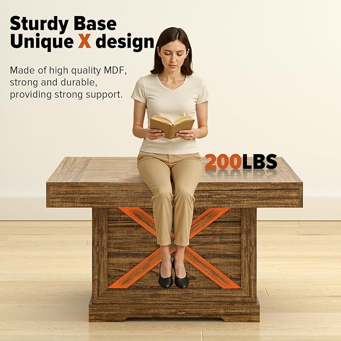 Coffee Table 31.5 in Rustic Center Table with X Design Wooden Pedestal for Living Room, Easy Assembly Small Square Home Office Tea Accent Table for Dining Room Apartment, Walnut