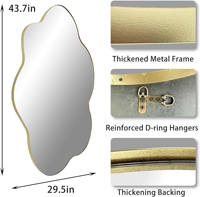 Gold Irregular Mirror, 43.7"x29.5" Asymmetrical Wall Mirror, Scalloped Decorative Mirrors, Modern Wavy Shaped Mirrors for Living Room Bathroom Bedroom Hallway Entryway Fireplace