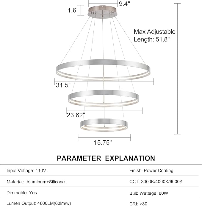 Modern Led Chandeliers, Dimmable Contemporary LED Chandeliers 3 Rings, Hanging Led Modern Pendant Light Fixture for Living Dining Room Kitchen Foyer Entryway Brush Nickel-3000K/4000K/6000k