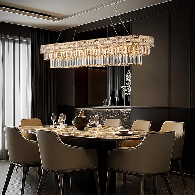 49.2" L Modern Crystal Chandeliers for Dining Room 18 Lights Gold Chandelier Large Rectangle Crystal Chandelier Pendant Light Fixture Kitchen Entryway Living Room 49.2" L x 8.7" H