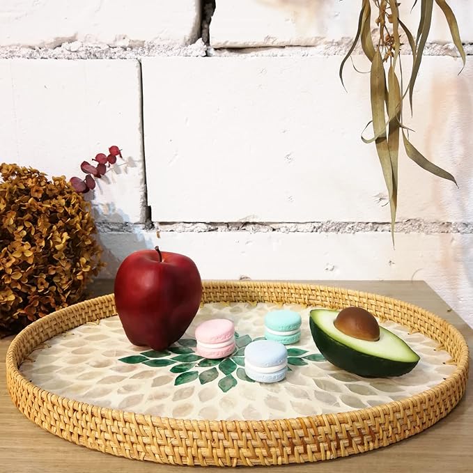 I-LAN 15 Inch Oval Rattan Woven Basket Tray with Beige Green MOP Wooden Base, Boho Wicker Coffee Table Serving Basket Décor with 1.2 Inch Wall, Handmade Display Basket for Countertop, L