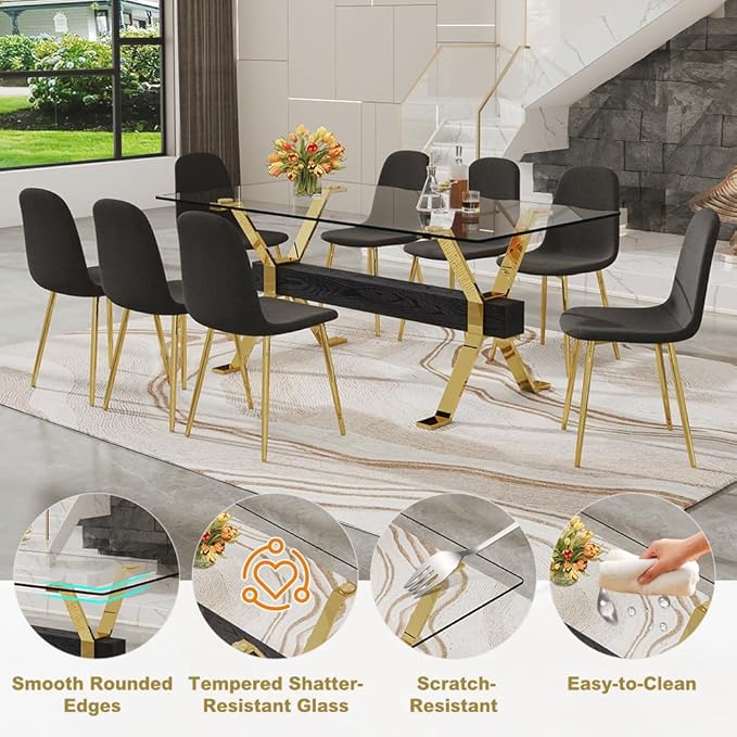 71'' Glass Dining Table Set for 8,9 Piece Dining Table Set with Open‑Frame X‑Shaped Golden Metal Base,Gold Kitchen Table and Chairs Ideal for Dining Room&Home Office
