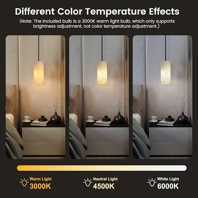 Alabaster Pendant Lights Kitchen Island, Modern Marble Pendant Lighting, Adjustable Black Pendant Lights Fixtures for Bedroom Bathroom Dinning Room(Include E12 Bulb)