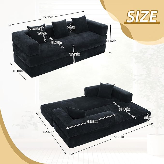 Convertible Floor Sofa Bed with Storage Pocket, Chenille Folding Mattress Sofa with Zipper Closure, Floor Lounge Couch for Living Room, Bedroom, Studio -Chenille Black