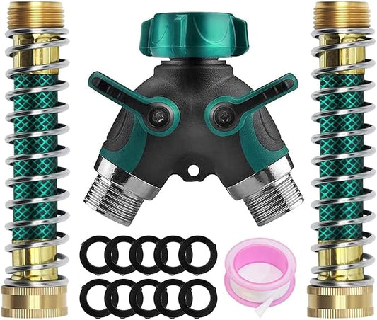 Water Splitter 2 Way Heavy Duty, 3/4" Garden Hose Splitter Y Way Connector 2 Valves Rubberized Grip with 2 Kink Free Faucet Extension Hose Protector 10 Rubber Washers