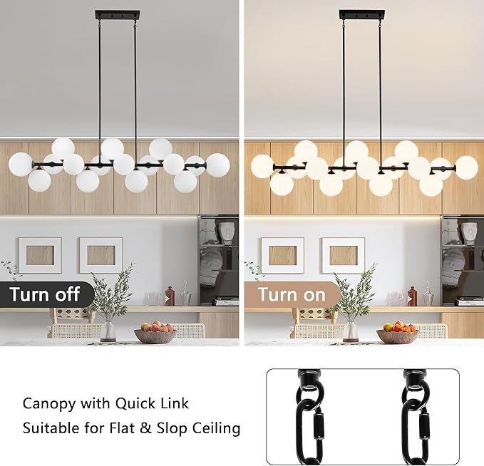 Linear Chandeliers for Dining Room, 55in Large Modern Globe Chandelier 16-Light Large Pendant Lights Kitchen Island Lighting with Milk White Glass Sputnik Chandelier Bubble Sputnik Light Fixture