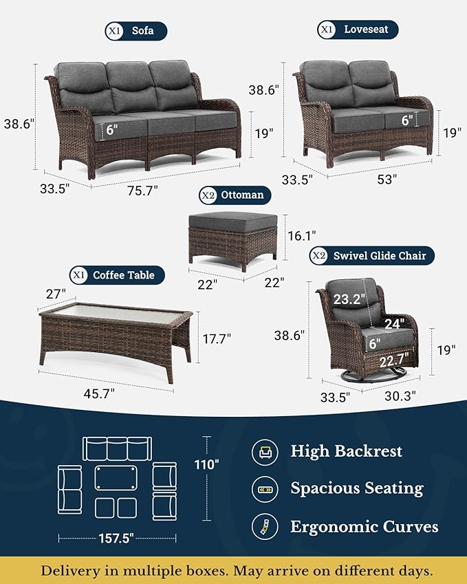 HILLGA Luxury High Back Patio Furniture Set with 6-Inch Thick Cushion, 7-Piece Outdoor Conversation Set with Sofa, Swivel Rocker Chairs & Ottomans, Ideal for Porch Pool Deck Yard (Dark Grey)