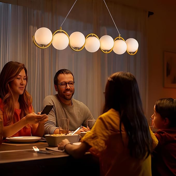 Modern Gold Chandelier 7 Light mid-Century Glass Bubble Chandeliers Globe Pendant Light Linear Dining Room Chandelier for Kitchen Island Living Room,Bedroom Room,Hallway.