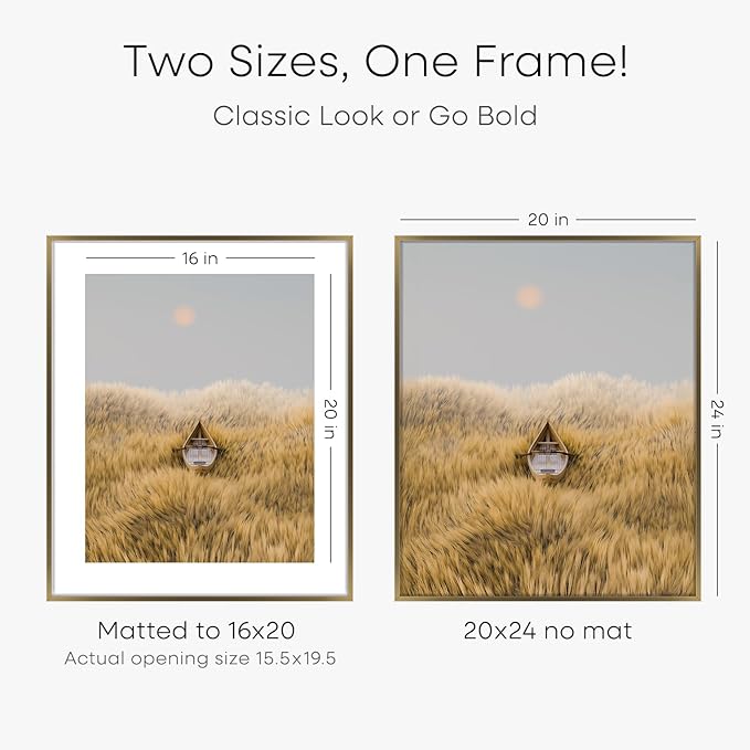 Homeforia Picture Bronze Frame 20x24, High End Metal 20x24 Brass Poster Frames with Mat 16x20 for Photo, 20 x 24 Frame Matted to 16 x 20 Print, 24x20 Hanging Frames, Tempered Glass, Wall Kit, Set of 4