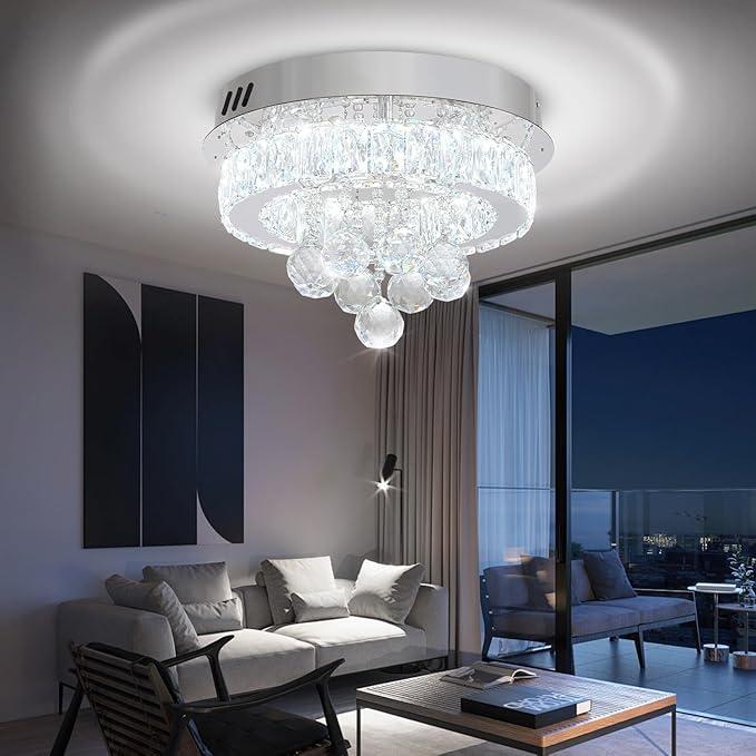 Flashing God 12" Modern Crystal Chandeliers Flush Mount Ceiling Light Silver Chandelier for Hallway LED Dimmable Light Fixture for Dining Room Living Room Bedroom