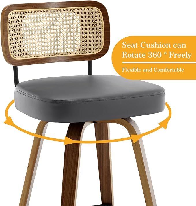 Swivel Bar Stools Set of 4, Upholstered Faux Leather Barstools with Rattan Back, 29" Seat Height Bar Chairs for Kitchen Island, Bentwood Wood Frame, Grey