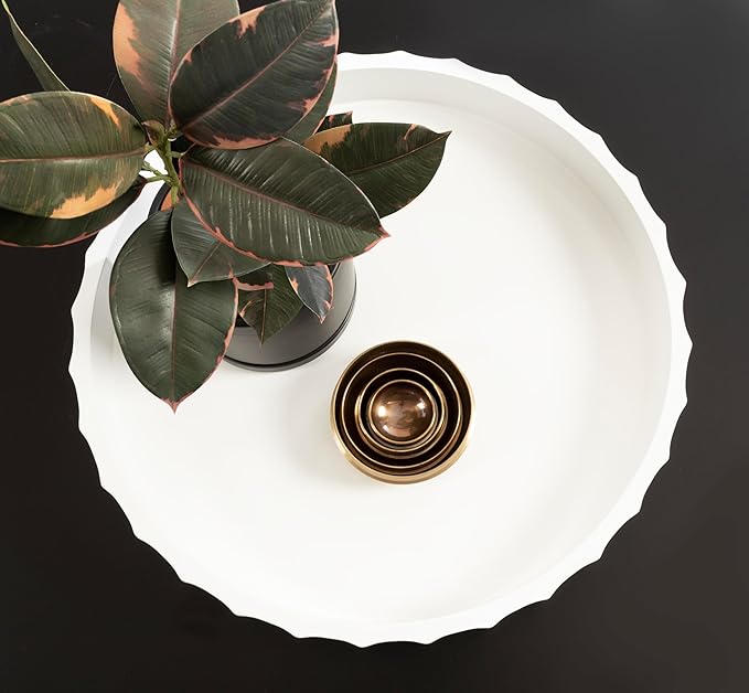 Kate and Laurel Lissi Decorative Round Tray with Wavy Design; 16 Inch Diameter; White; Modern Scalloped Circle Serving Tray for Coffee Table Ottoman; Dining Table; or Entryway Catch-All Tray