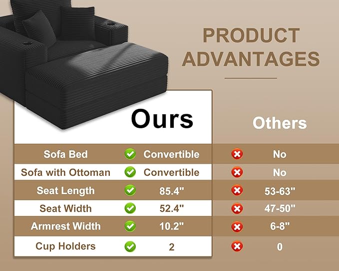 62" Oversized Chaise Lounge Chair Indoor, Fluffy Corduroy Upholstered Boneless Couch, Convertible Sleeper Sofa Bed & Reading Chair, Cloud Sofa Couches for Living Room, No Assembly, Black