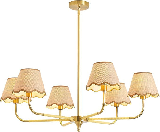 6-Light Boho Rattan Chandelier for Dining Room,Farmhouse Chandeliers Light Fixture,Adjustable Height Hanging Pendant Lighting Fixtures for Kitchen Island,Hand-Woven Ceiling Lights