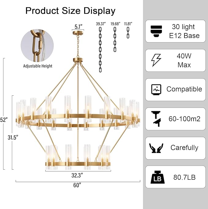 60" Gold Chandelier, 2 Tier Wagon Wheel Chandelier with Glass Shade, 30-Lights Large Round Modern Farmhouse High Ceilings Pendant Lighting Fixture for Dining Room, Living Room, Kitchen, Foyer