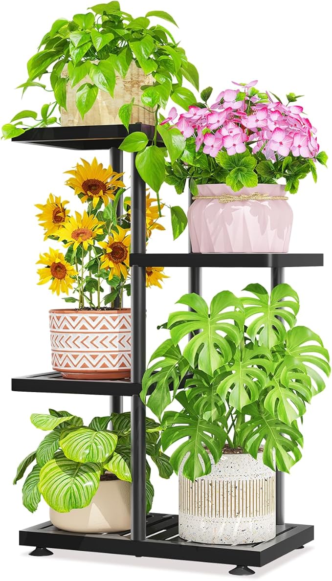 LASZOLA 3 Tier Plant Stand Indoors Outdoors for Large Heavy Duty Planter, Black Metal Tall Flower Holder Rack with Multiple Shelf for Modern Patio Corner, Vertical Organizer, Weather Resistant Bracket