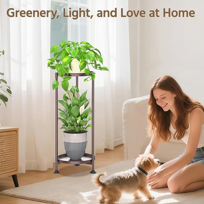 LASZOLA 2 Tier Bronze Plant Stand Indoor for Large Tall Heavy Duty Flower Planter, Metal Vertical Multi Level Rack for Narrow Floor Corner, Sturdy Round Holder Organizer, Modern, Mid Century, Farmhouse