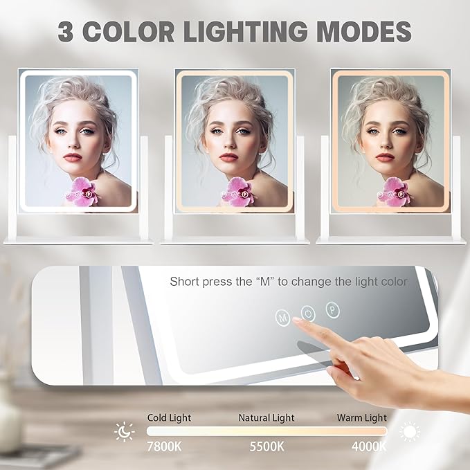 Hollywood Vanity Mirror with Lights, Lighted Makeup Mirror with Detachable 10X Magnification Mirror, 3 Colors, 360°Rotation Rechargeable Desk Makeup Mirror with Lights White