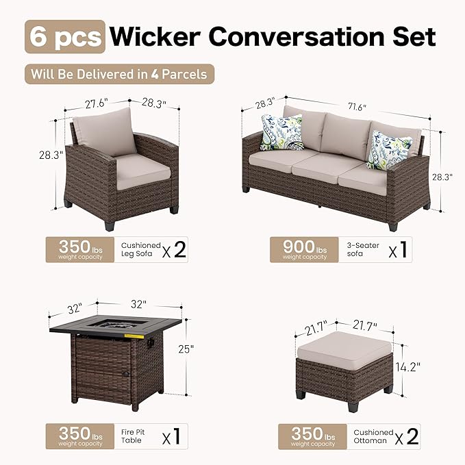 Patio Furniture Set Outdoor Furniture Brown Wicker Rattan Patio Conversation Sets with Cushion Outside Sofa Set,5 Pieces with Firepit Table,7 Seats,Beige